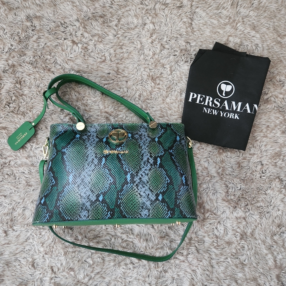 Persaman New York Italian Leather Blue‎ And Green Snakeskin Tote
